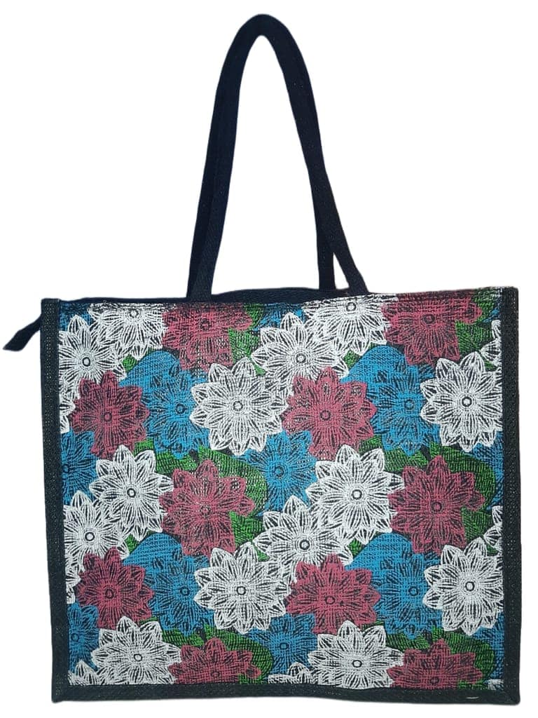 SS Eco-Life Jute Environment Friendly Shopper Bag / Grocery Bag / Market Bag / Multipurpose Bag for Men and Women with Colourful Flowers Print. 2 Piece Combo. view 3