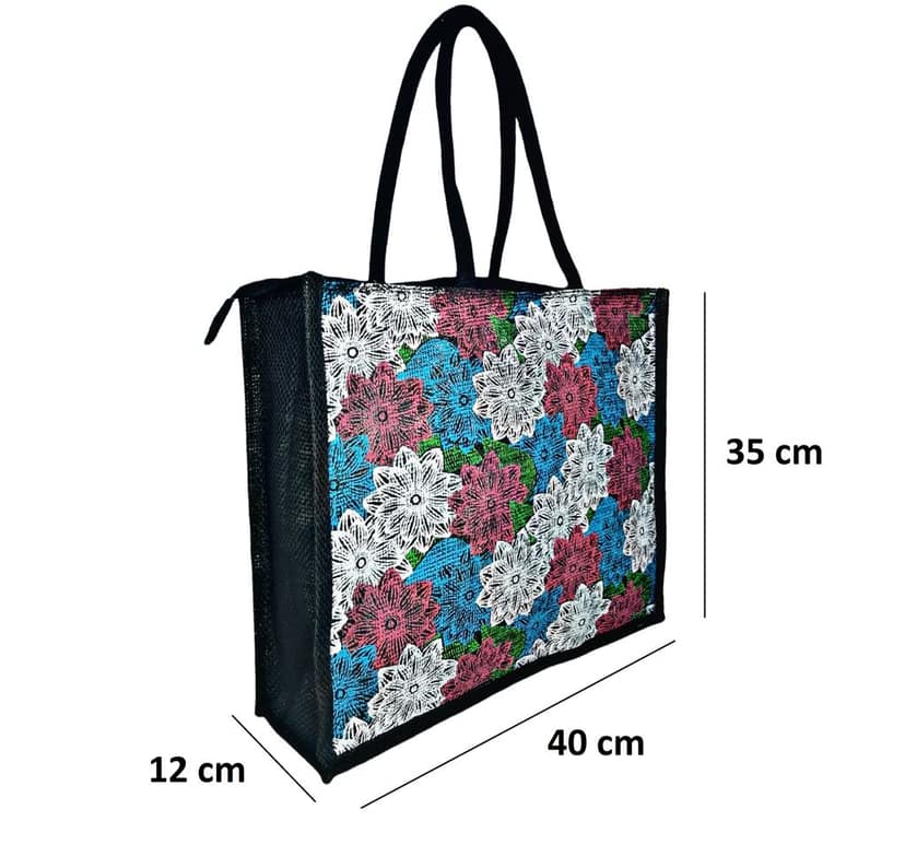 SS Eco-Life Jute Environment Friendly Shopper Bag / Grocery Bag / Market Bag / Multipurpose Bag for Men and Women with Colourful Flowers Print. 2 Piece Combo. view 6