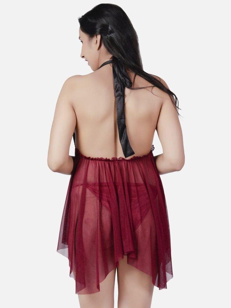 Sheer Net Hot Wine Babydoll Bikini Night Dress for Honeymoon K6KW view 4