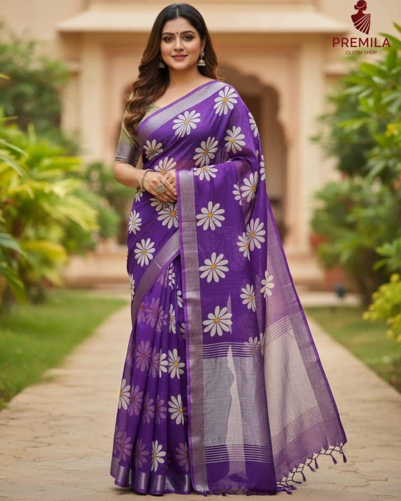 linen Floral print Saree