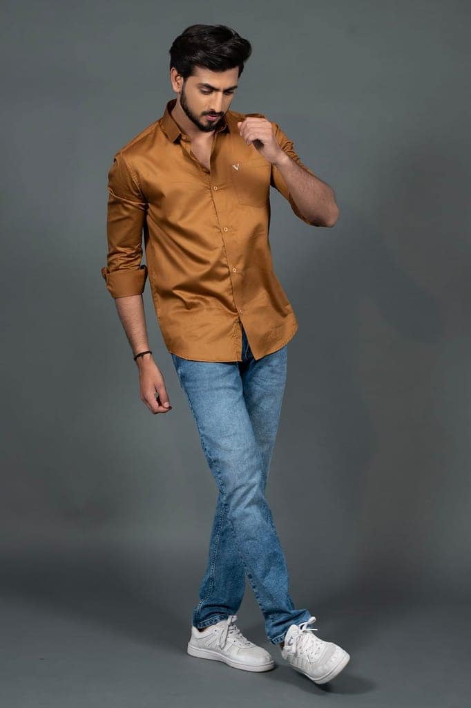 Vooz Premium Slim Fit Long Sleeve Shirt for Men, Khaki, Cut Away Collar, Made in India view 5