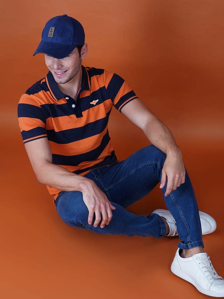 Men’s Stripe Polo T-shirt Navy-Orange view 5
