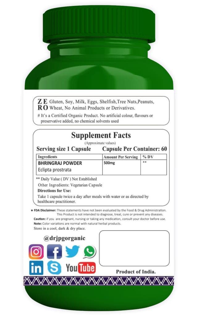 Dr. JPG Organic herbals Bhringraj Capsules For Hair Fall & Graying 60 Veg. Capsules/INDIA ORGANIC Certified.(pack of 2) view 2