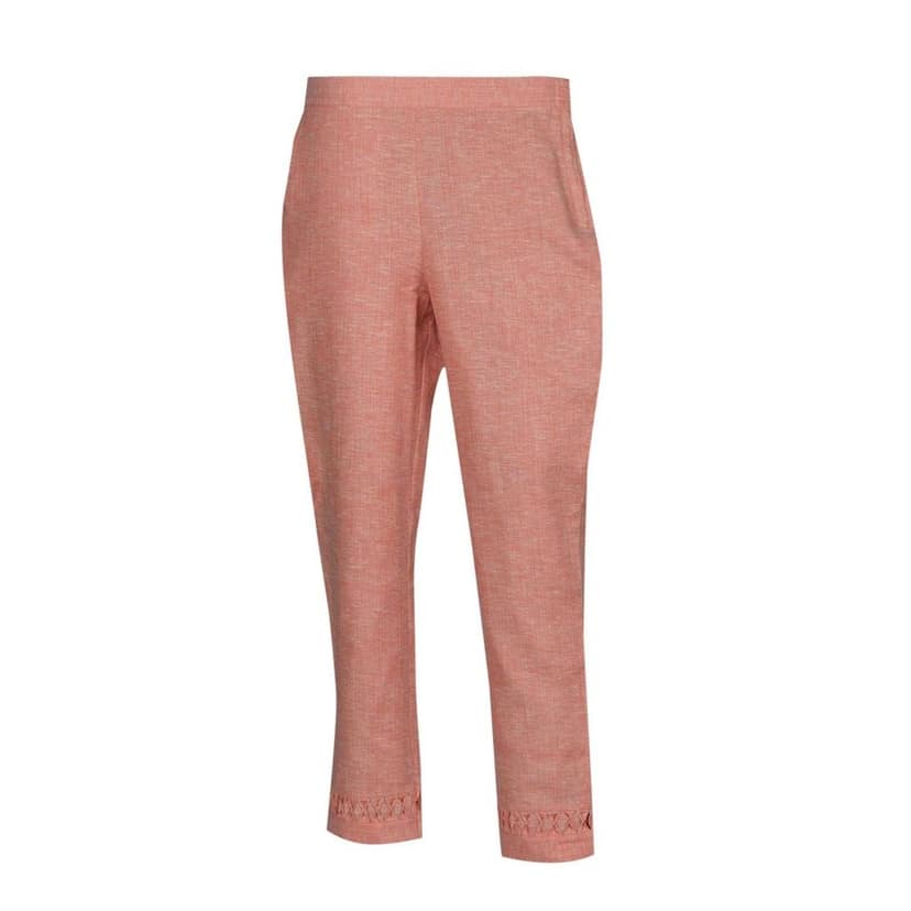 Light Green Cotton Blend Laser Cut Hem Women's Pants