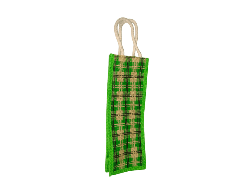 Small Green Burlap Gift Bag with Checkered Design