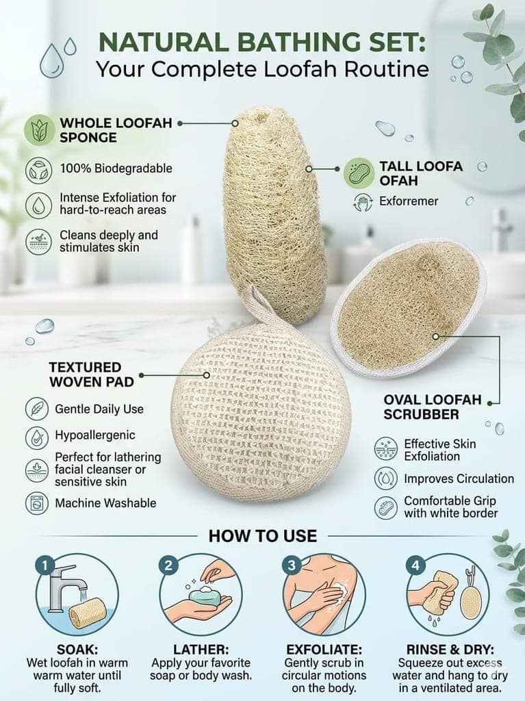 Lifeori 3-Piece Bath Loofah Combo – Natural Ramie Round & Oval Body Scrubbers with Disposable Loofah | Body Exfoliation & Deep Cleansing | Pack of 3 view 2
