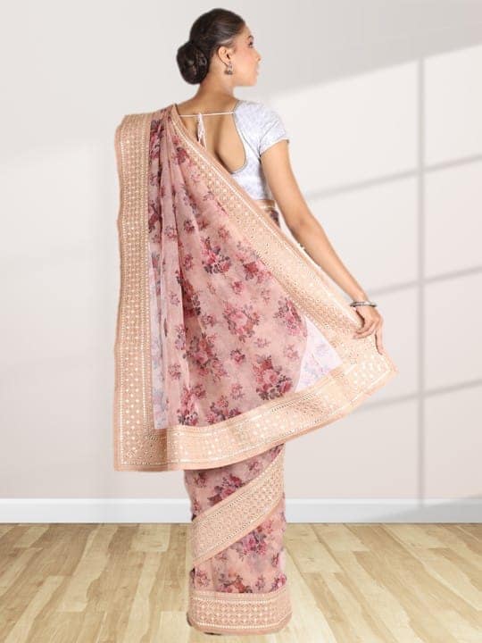 Beige Organza Floral Saree view 2