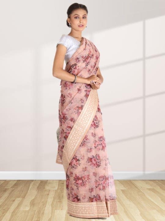 Beige Organza Floral Saree view 3