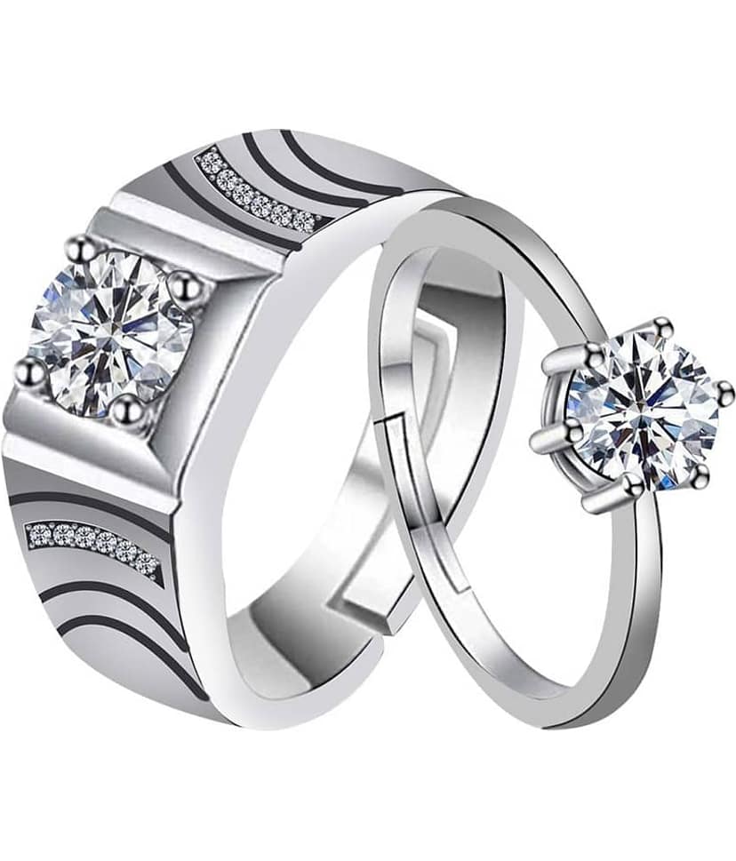 silver plated fetching round diamond and marvellous designer adjustable couple ring for men and women.