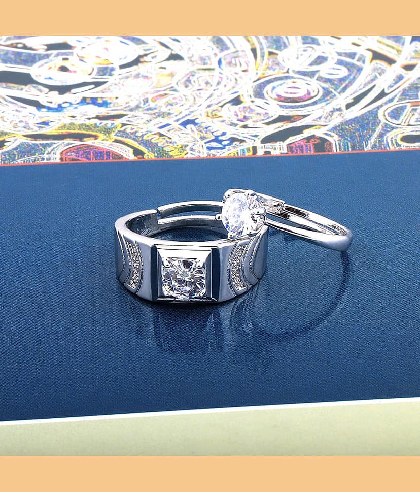 silver plated fetching round diamond and marvellous designer adjustable couple ring for men and women. view 2