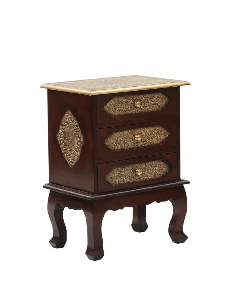 Wooden Brass Fited 3 Dwr Bed Side With Opm Leg / Living Room / Bed Side / Brown Finish view 2