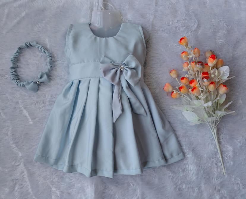 Mom and Me Girls Plain Colour Frock Dress with Flower & Matching Hair Belt | Sleeveless Crepe Fabric | Calf Length (in, Age, 0 Months, 3 Months, SkyBlue) view 2
