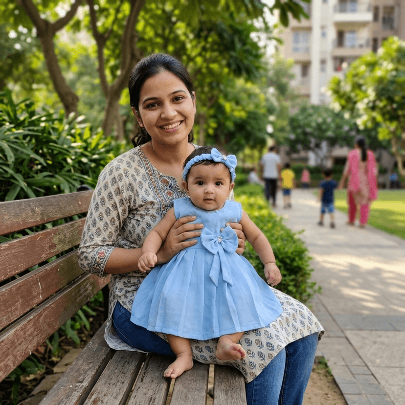 Mom and Me Girls Plain Colour Frock Dress with Flower & Matching Hair Belt | Sleeveless Crepe Fabric | Calf Length (in, Age, 0 Months, 3 Months, SkyBlue) view 3