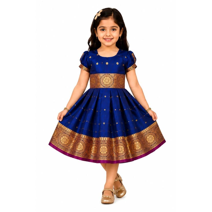Mom and Me Baby Girl Satin Frock for Parties, Birthdays & Weddings | Elegant Toddler Dress with Balloon Sleeves & Zipper Closure | Age 0-2 Years (in, Age, 0 Months, 3 Months, Navy Blue)