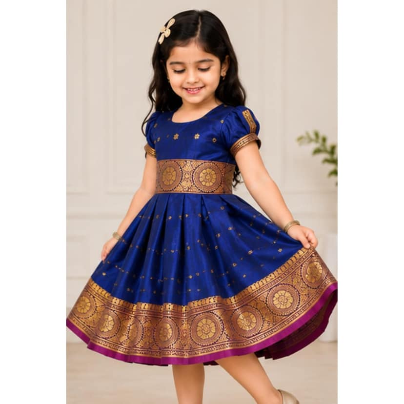 Mom and Me Baby Girl Satin Frock for Parties, Birthdays & Weddings | Elegant Toddler Dress with Balloon Sleeves & Zipper Closure | Age 0-2 Years (in, Age, 0 Months, 3 Months, Navy Blue) view 2