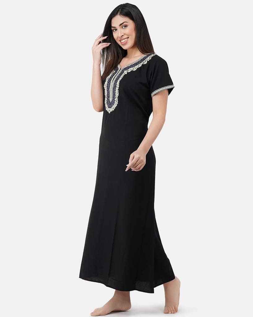 KOI SLEEPWEAR Premium Women White Contrast Embroidery Night Gown Lizzybizzy Cotton Nighty Maxi (X-Large, Black)� view 2