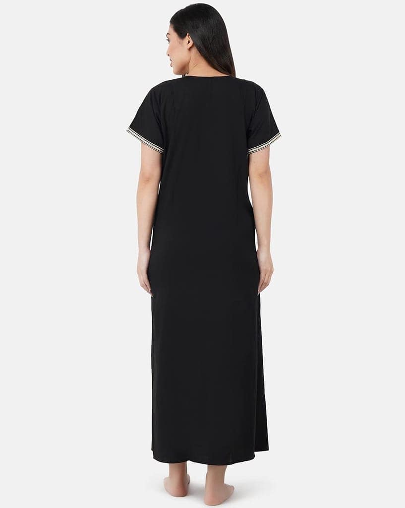 KOI SLEEPWEAR Premium Women White Contrast Embroidery Night Gown Lizzybizzy Cotton Nighty Maxi (X-Large, Black)� view 5