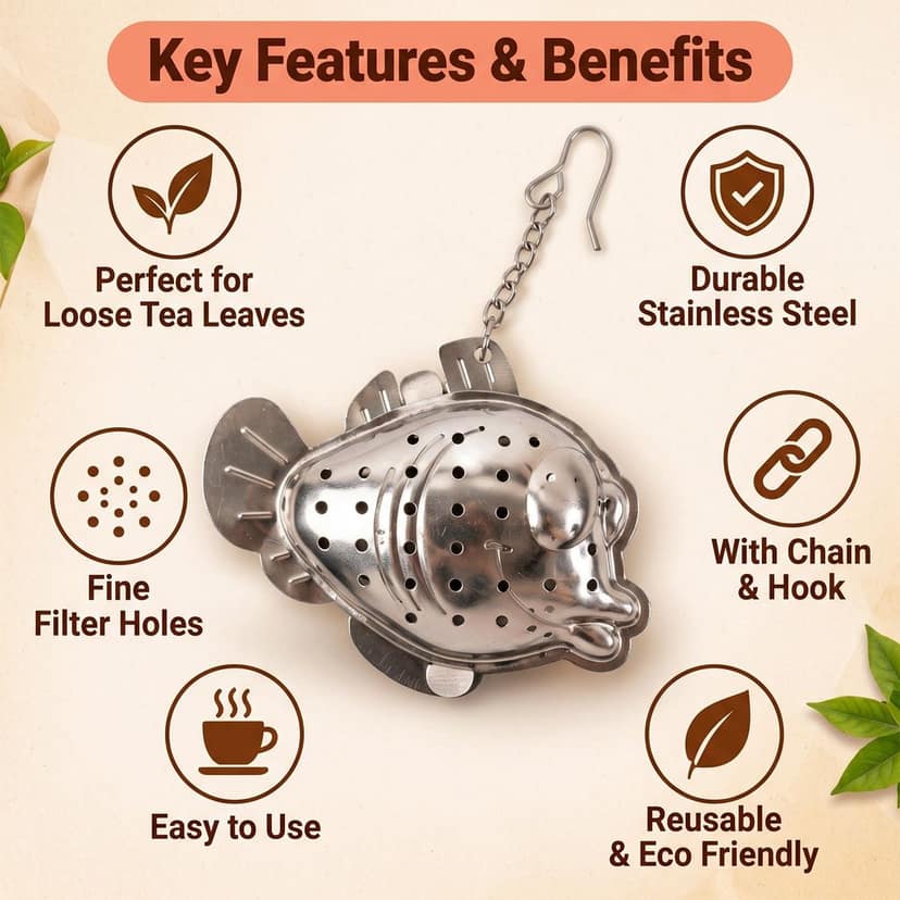 Stainless Steel Fish Shape Tea Infuser with Chain for Loose Leaves (1 Pc) view 2