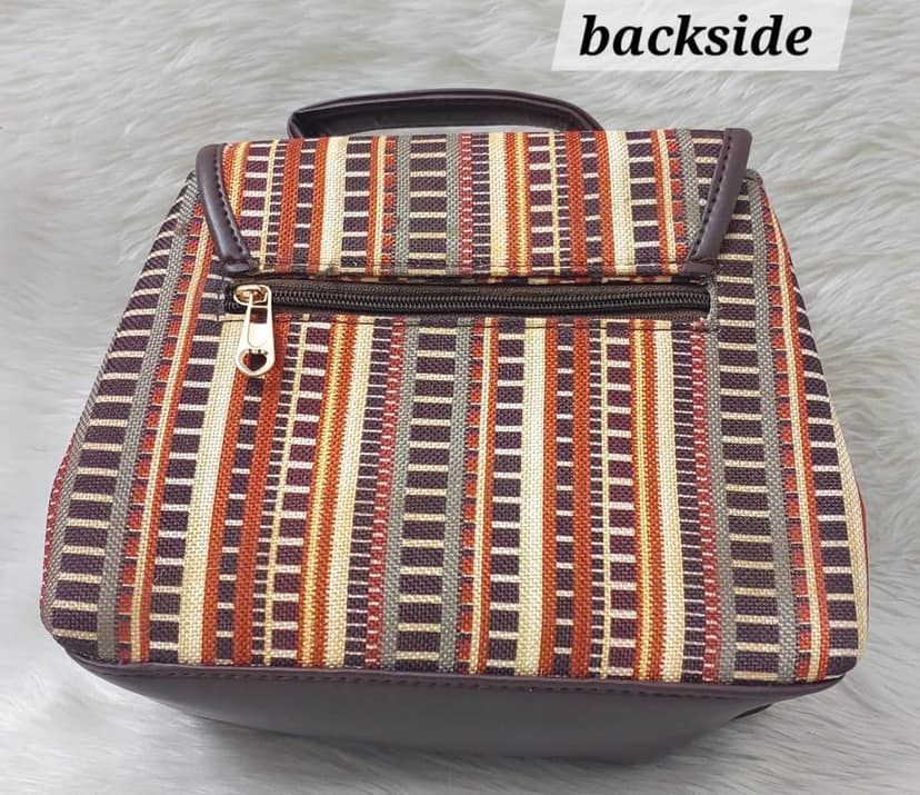 Brown and Orange Striped Handbag with Detachable Strap view 2