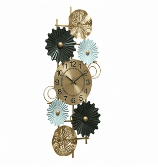 Regal Vertical Floral Wall Clock – Handcrafted Metal Art with Azure & Gold Accents