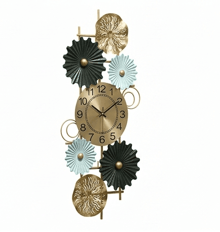 Regal Vertical Floral Wall Clock – Handcrafted Metal Art with Azure & Gold Accents