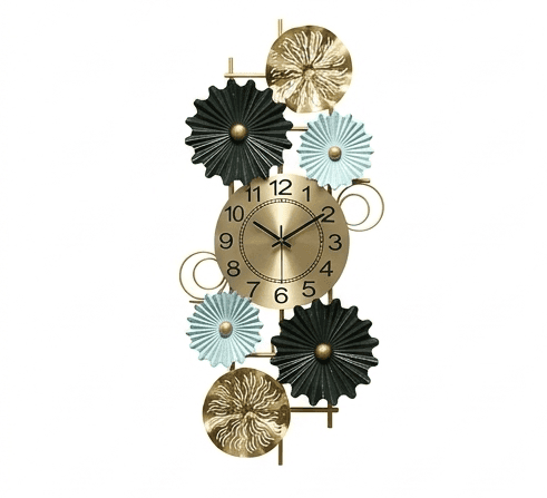 Regal Vertical Floral Wall Clock – Handcrafted Metal Art with Azure & Gold Accents view 2