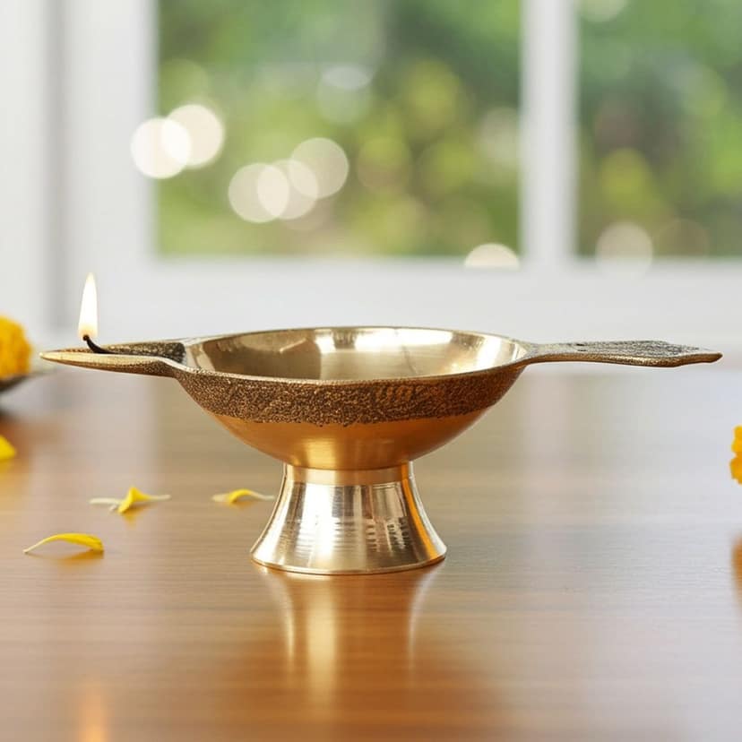 Brass Table Decor Oil Lamp Deepak No. 3 - Traditional Brass Diya for Temple Lighting, Height : 1.4 Inch (FMAS626 D)