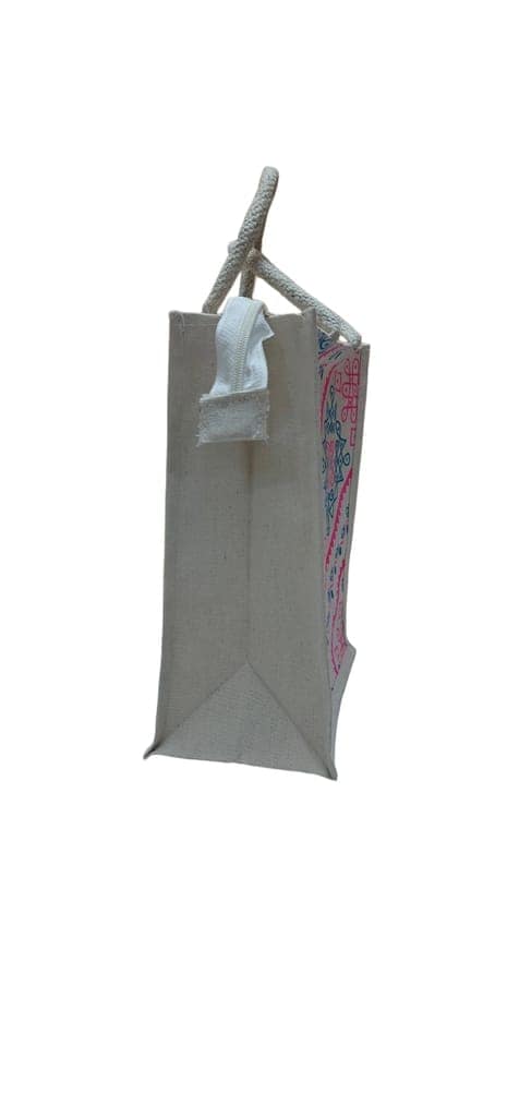 Geometric Print Jute Tote Handbag with Zipper view 3