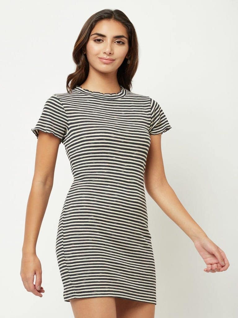Black Striped Fitted Dress view 4