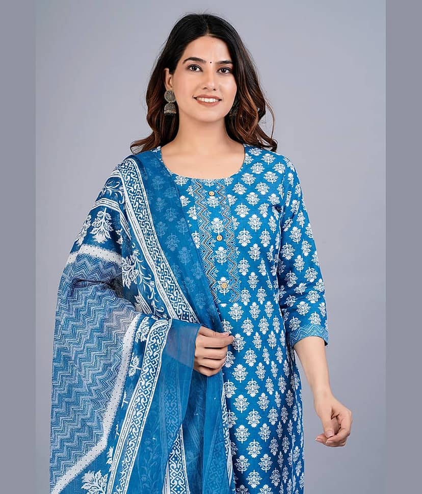 Mishree Collection - Blue Straight Cotton Women's Stitched Salwar Suit ( Pack of 1 ) view 2