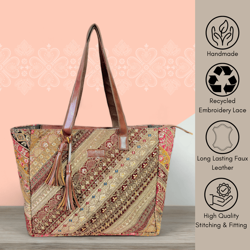 PRASHU Recycled Embroidery Lace Tote Bag Women Handbag For Office, Shopping,Travel & Gifting Shoulder Bag For Women & Girls view 2