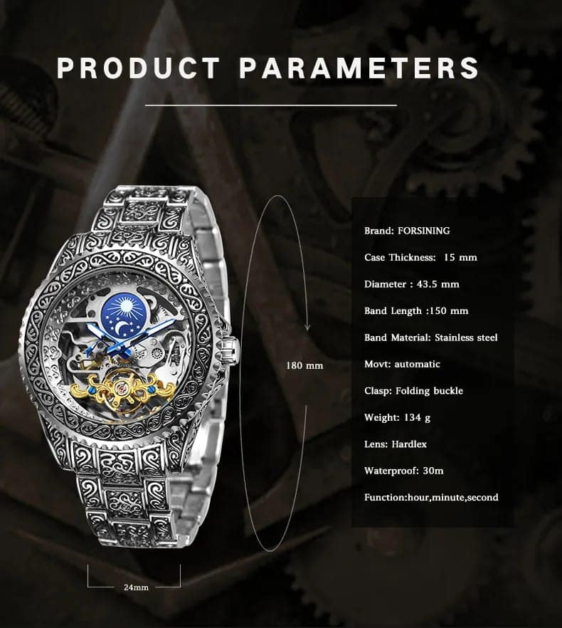 Forsining Série Mystère d'Art Vintage Engraved Rotatable Bezeled Self Winding Automatic Tourbillon Blue Moon Mechanical Stainless Steel Analog Watch - For Men view 2