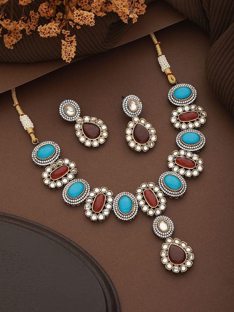 Victorian Polish Maroon & Turquoise Kundan Studded Floral Necklace Jewellery Set view 2