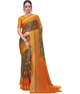 Dressy Brasso Printed Saree With Unstitched Blouse Piece ( Brown )