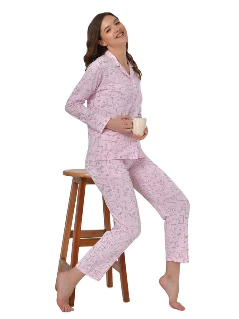 Klamotten Women's Baby Pink Allover Printed Top Pyjama Set N55Rb view 7
