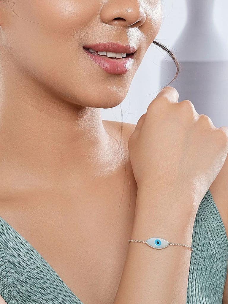 925 Silver Evil Eye Blue Minimal Adjustable Chain Charm Bracelet view 2