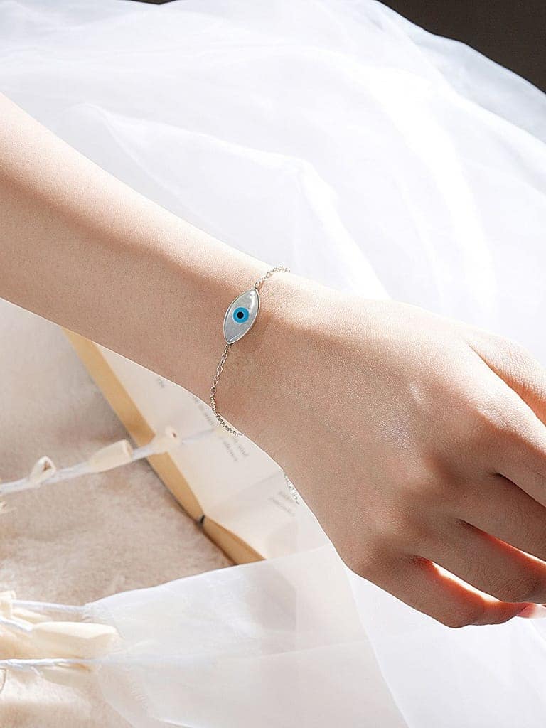 925 Silver Evil Eye Blue Minimal Adjustable Chain Charm Bracelet view 4