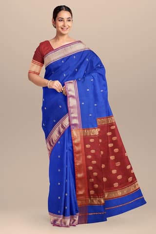 Royal Blue Buti Handwoven Sausar Silk with Zari Border and Buta Palla Saree SKU- BS10120