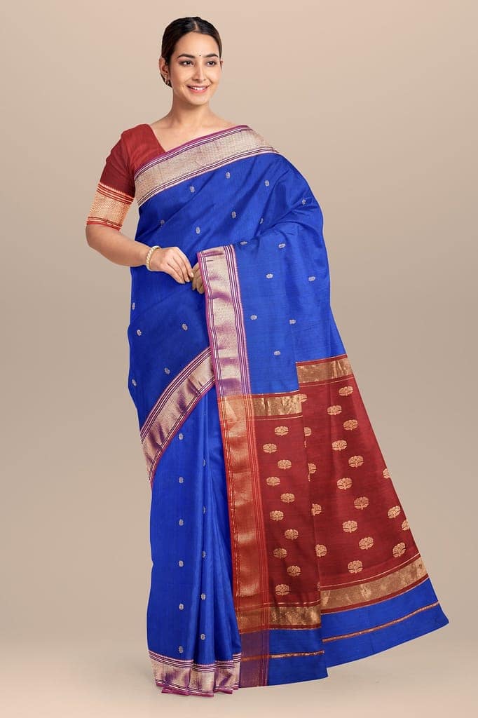 Royal Blue Buti Handwoven Sausar Silk with Zari Border and Buta Palla Saree SKU- BS10120