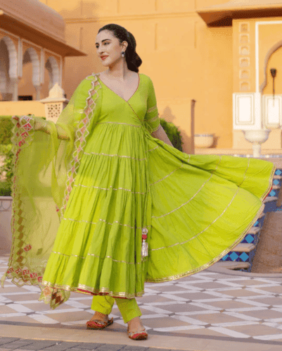 Lime Green Anarkali Kurta Set with Dupatta view 3