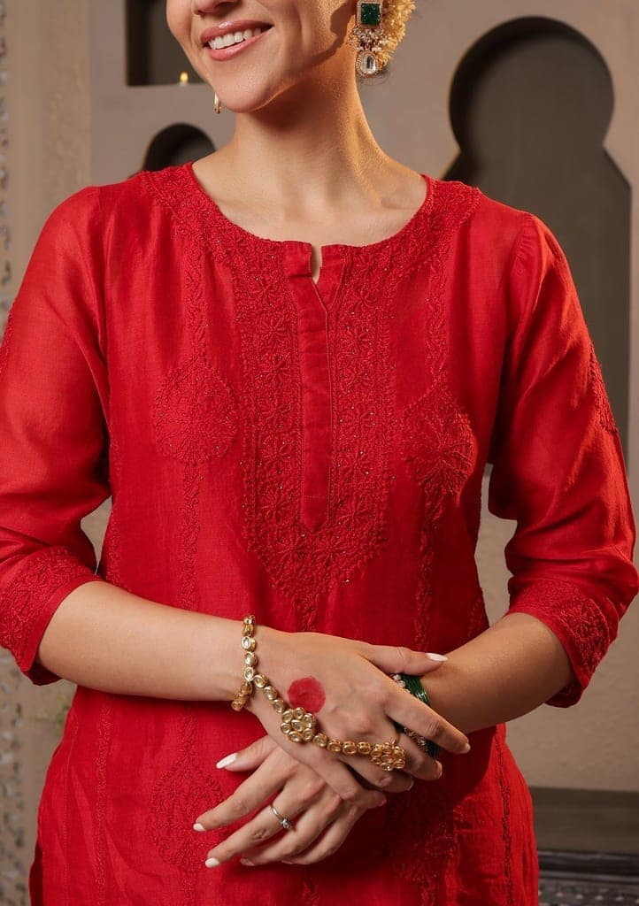 Chanderi Chikankari Solid Women's 4 PC Long Kurta Set with dupatta - Red view 7