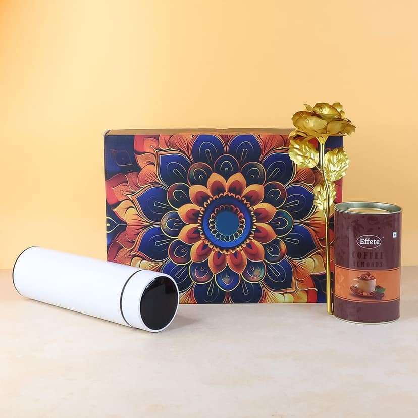 Coffee Almonds Gift Hamper – Golden Rose & Stainless Steel Bottle view 2