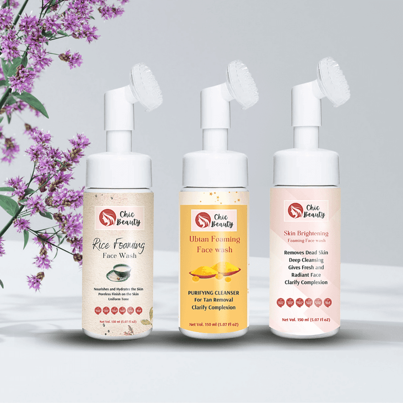 Chic Beauty Foaming Face Wash Combo with Built-in Silicone Brush (Rice Foaming Face Wash 150ml + Ubtan Foaming Face Wash 150ml + Skin Brightening Foaming Face Wash 150ml)