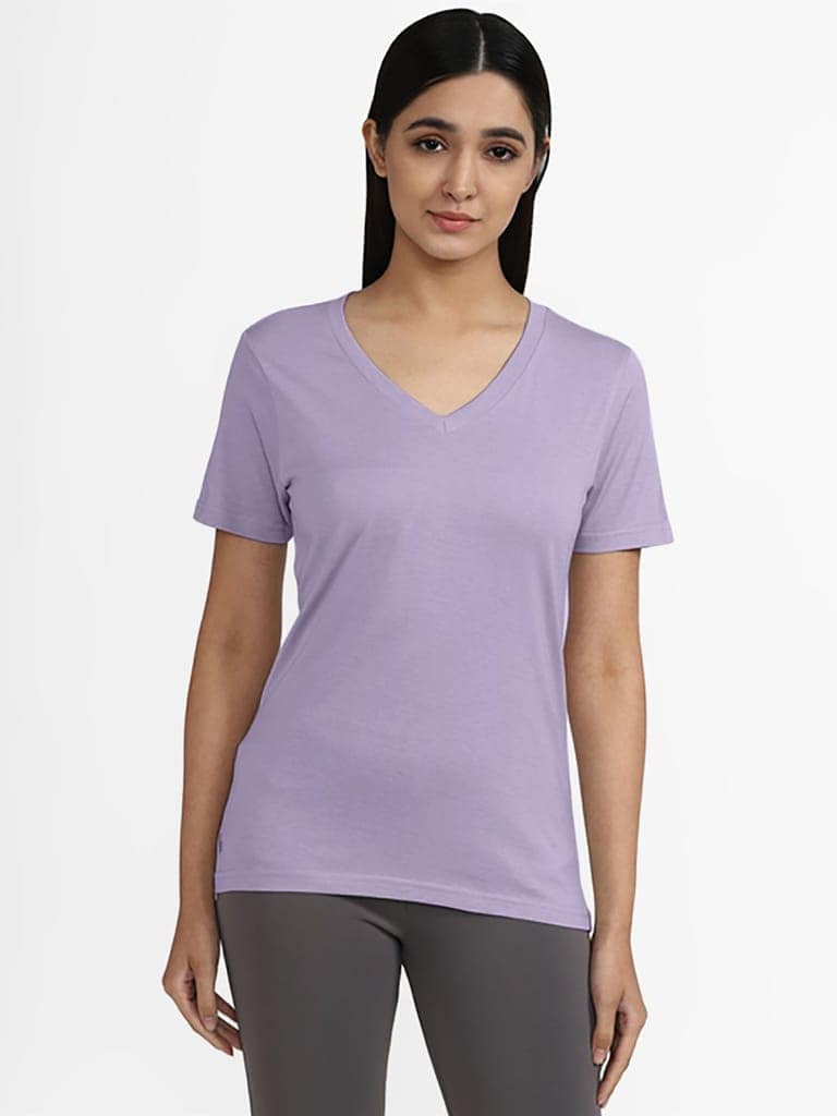 Women Basic Violet V Neck T-shirt view 2