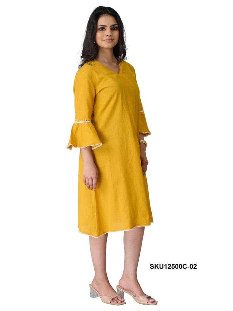 Teal Cotton V-Neck Pleated Bell Sleeve Midi Dress view 3