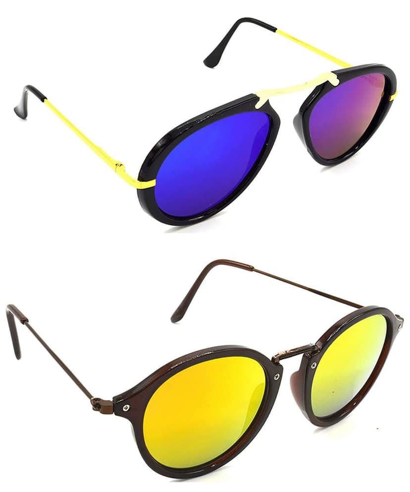 HRINKAR Unisex Wrap-around Sunglasses Golden & Brown Frame, Pink & Golden Lens (Medium) - Pack of 2