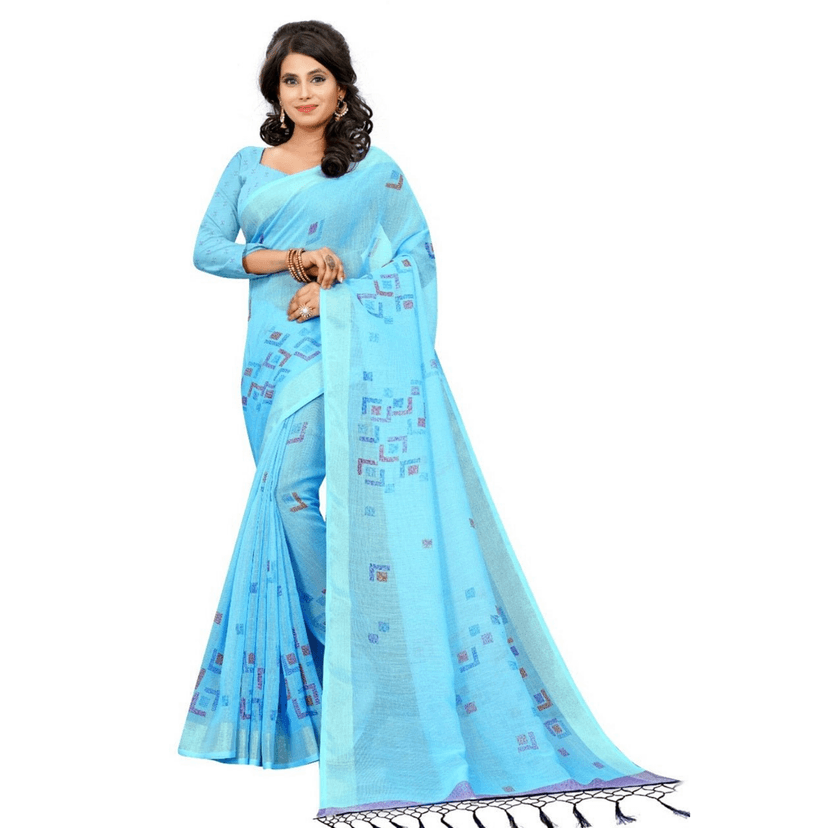 TheHangr Women's Simple Design Saree With Blouse Piece - Sky Blue