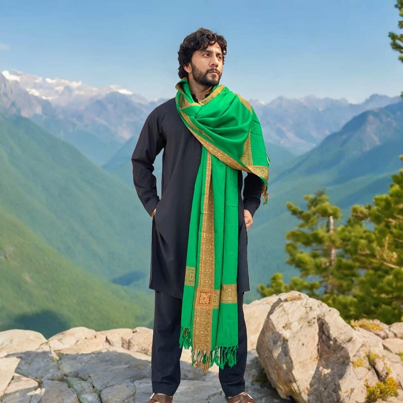 Green Acrowool Shawl: 4 Border Karbala Style Chadder view 2