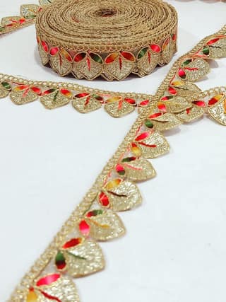 Multicolor Gota Patti Lace Border Sewing Embroidery Ribbon Trim Golden Zari Cutwork Fabric Decoration Craft Clothes 3 cm Width 9 Meter Roll For Saree Suit Bridal Dupatta Blouse Dress Choli Lehenga Anarkali Hijab Gown Kurti