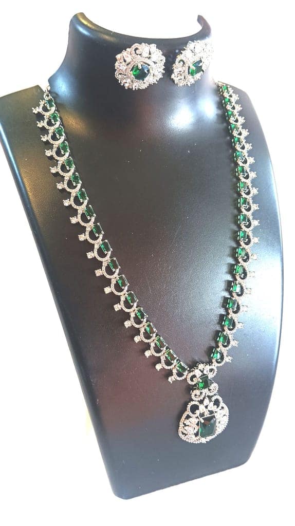 Stunning Silver Necklace Set with Green Stones and Intricate Design view 2